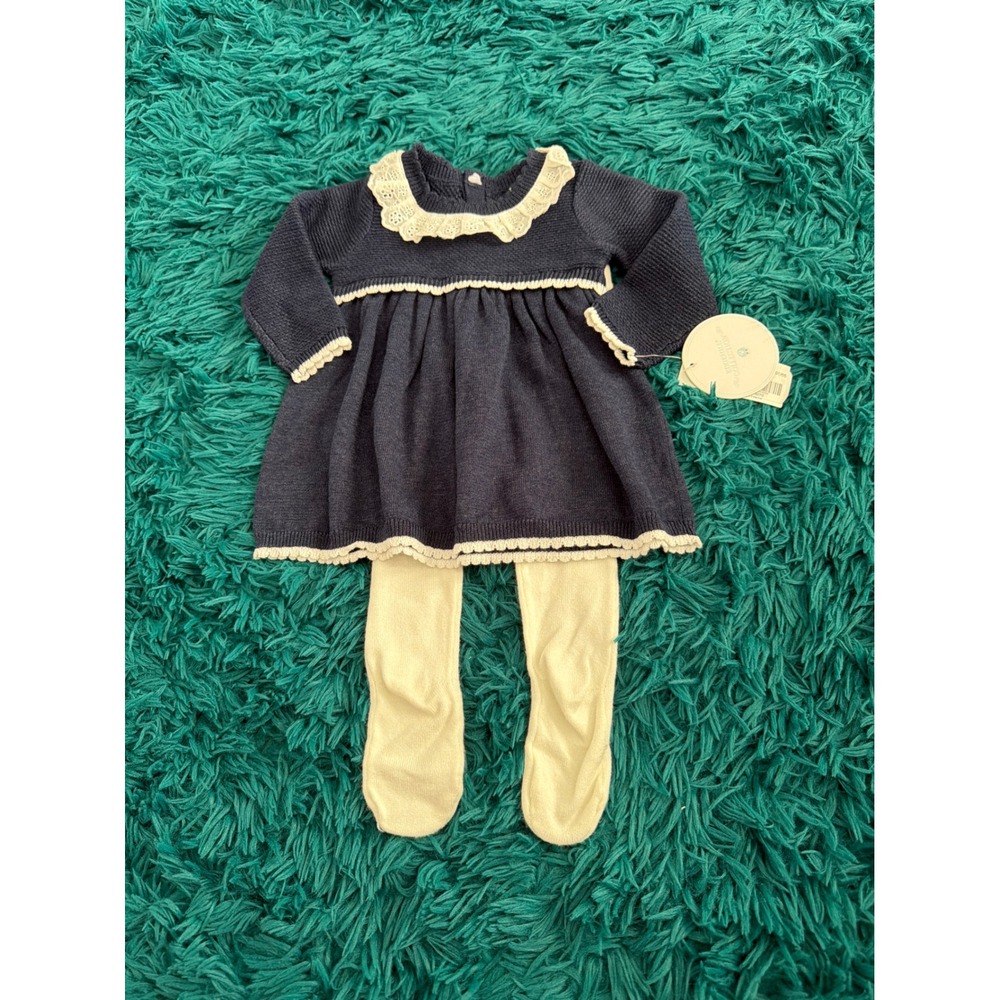 Edgehill Collection Baby Girls Navy Knit Sweater Dress Lace Collar Tights Set 3M